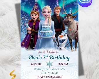 Frozen Birthday Invitation Editable Canva Template, Elsa & Anna Party Invitation Girl, Frozen Birthday Invite Theme (Digital Download)