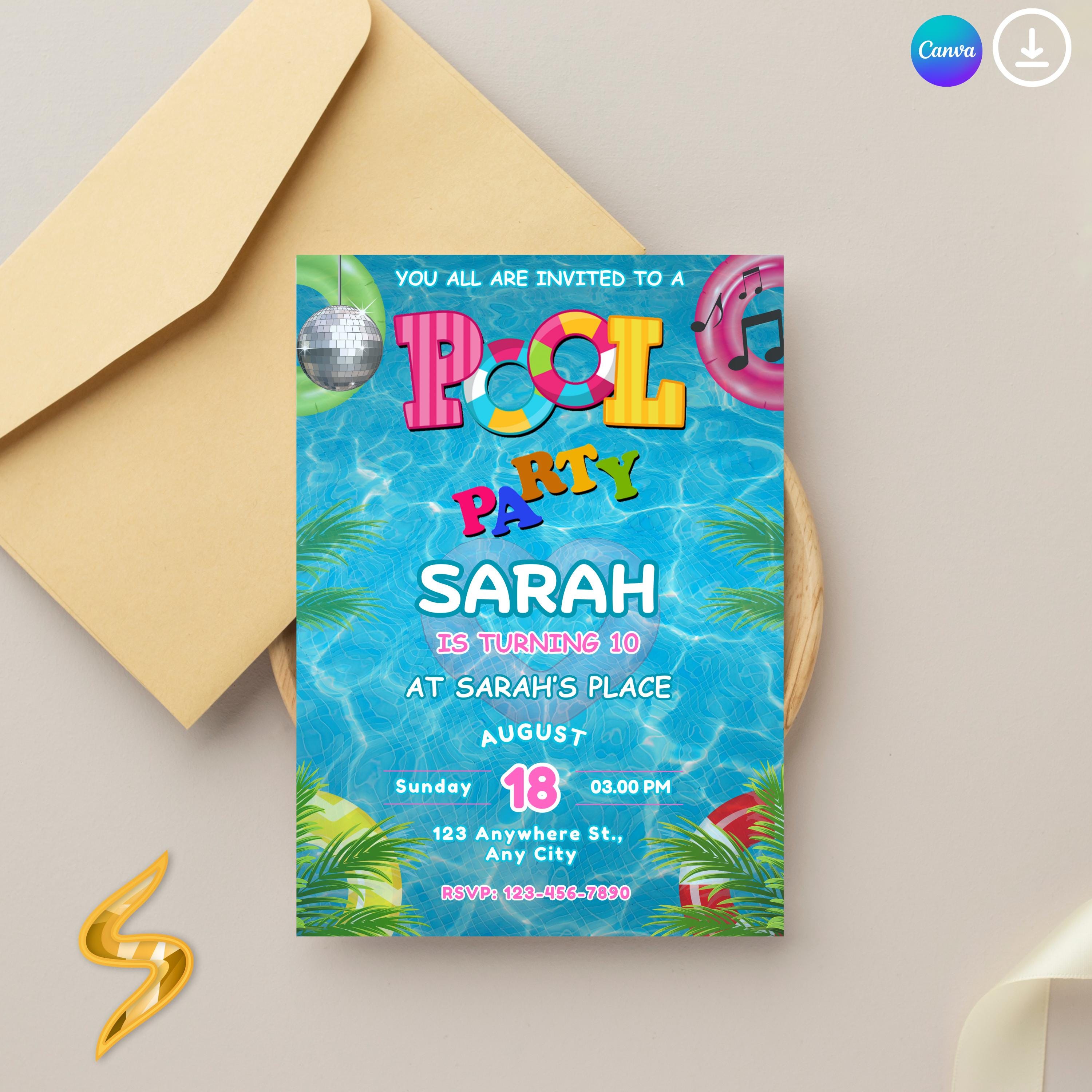 Editable Pool Party Birthday Invitation: Summer Poolside Template ...