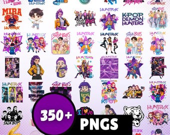 350+ Huntrix Kpop Dämonenjäger PNG Bundle, Kpop Idol Gruppe Shirt Design, Mädchen Abendessen Png, Saja Jungen Png, Huntrix Fans (Digitaler Download)