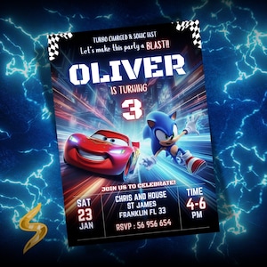 May include: A birthday party invitation featuring the text "OLIVER IS TURNING 3". The design includes illustrations of Lightning McQueen from Cars and Sonic the Hedgehog. The invitation also includes event details such as date, time, and location.