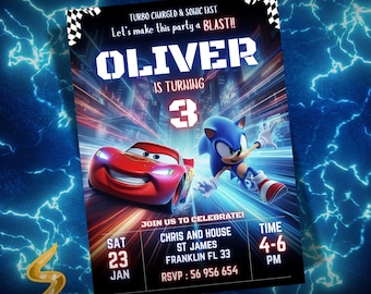 Lightning McQueen VS Sonic The Hedgehog Birthday Invitation Template, Race Car Birthday Party Invite, Sonic Digital Invite (Canva Editable)