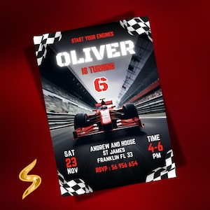 Peut inclure: Une invitation d'anniversaire sur le thème des voitures de course. L'invitation présente une voiture de course rouge sur une piste, avec le nom "OLIVER" en grandes lettres blanches. Le texte "IS TURNING 6" est également affiché. La date et l'heure sont incluses.