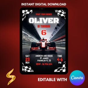 Peut inclure: Une invitation num&eacute;rique pour une f&ecirc;te d'anniversaire sur le th&egrave;me des voitures de course. Le design pr&eacute;sente une voiture de course rouge sur une piste, avec le nom "OLIVER" et le chiffre "6". Comprend la date, l'heure et les informations RSVP.