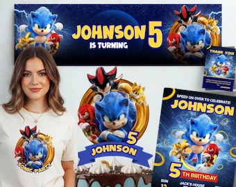 Sonic Birthday Invitation Bundle |  Editable Sonic Cake Topper, Party Banner & Thank You Card | Sonic PNG | Sonic Party Favor Canva Template