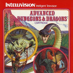 May include: Vintage Intellivision video game cartridge box for Advanced Dungeons & Dragons. The box art features a red background with illustrations of dragons, a warrior with a bow, and the game's title. The Mattel Electronics logo is visible.