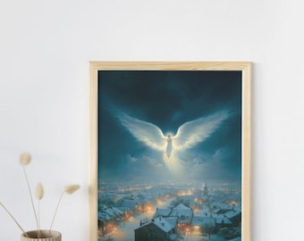Heavenly Angel Over Winter Town Art Print, Spiritual Home Decor