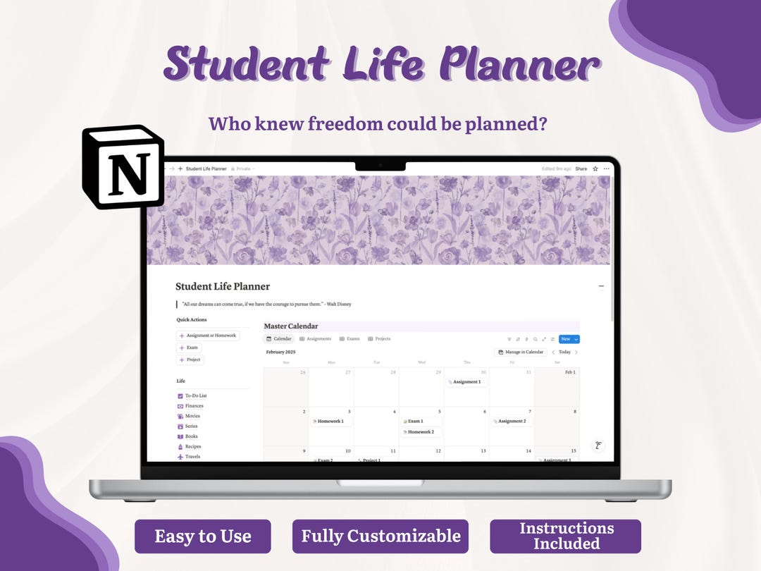 Purple Notion Student Planner Aesthetic Student Life Organizer ...