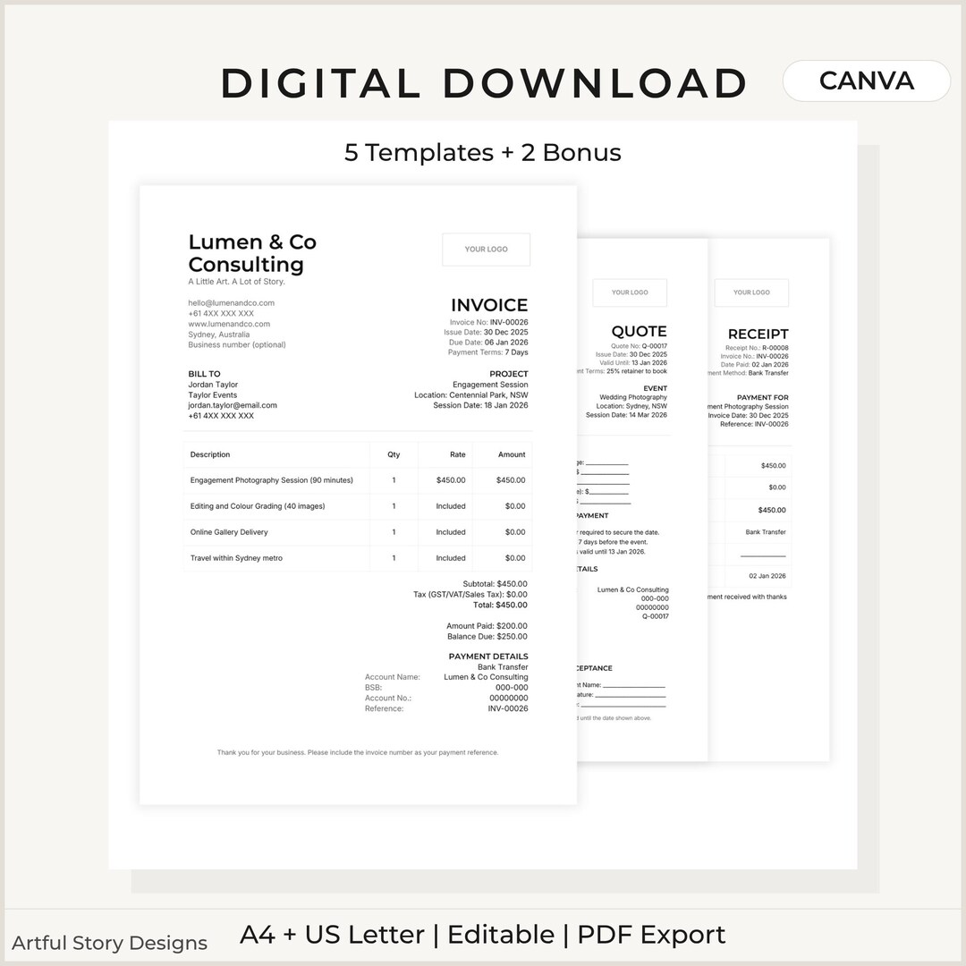 Canva Invoice Template Bundle | Small Business Forms (A4 & US Letter ...