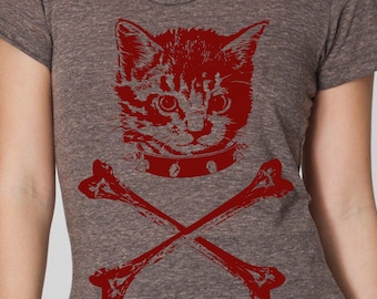 Women's cat crossbones shirt- cat design tee- girls kitten tshirt- American Apparel screen print tee- graphic illustration tshirt