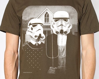 Star Wars American Gothic parody on mens t shirt- american apparel army green, available in S,M, L ,XL, 2XL,  worldwide shipping