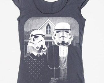 Womens Star Wars Anerican Gothic t shirt - american apparel asphalt gray wide neck - available in S, M, L , XL WorldWide Shipping