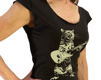 Cat Playing Guitar on Women's Wide Neck Cap Sleeve Shirt- Kitten Plays Bass Ladies Scoop Neck Jersey- Cute Stylish Feline Graphic Tshirt