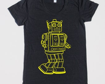 womens vintage robot t shirt- American Apparel heather black- available in s,m, l, xl- Wordwide Shipping