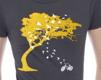 womens birds bicycle and tree- american apparel asphalt gray  t shirt- available in S, M, L and XL- Worldwide shipping