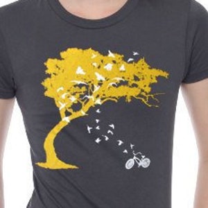 womens birds bicycle and tree american apparel asphalt gray t shirt available in S, M, L and XL Worldwide shipping image 1