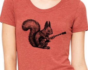 Squirrel playing guitar shirt, women's scoop neck Bella clay tri blend t-shirt