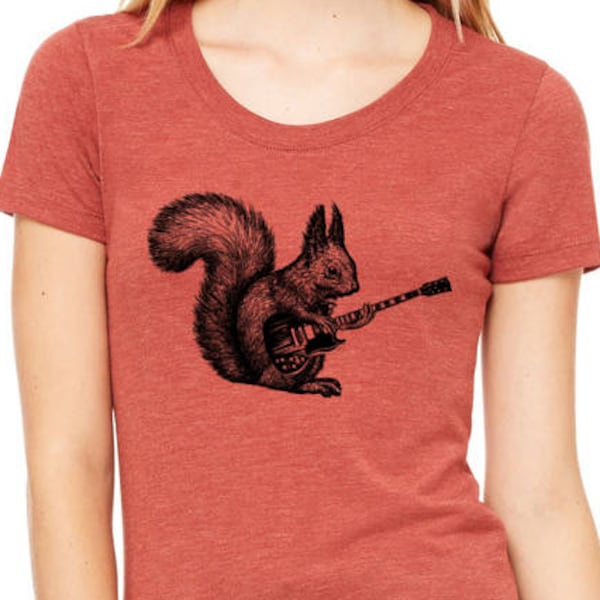 Squirrel playing guitar shirt, women's scoop neck Bella clay tri blend t-shirt