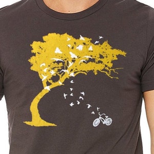 Mens birds bicycle and tree t shirt- american apparel chocolate brown- available in s,m, l, xl, xxl- Worldwide Shipping