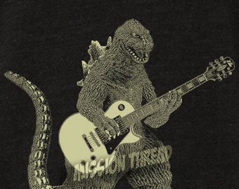 Godzilla Playing Guitar Shirt, Men's Guitar Tshirt, Dinosaur Cool Tee, Vintage Electric Rock Roll Apparel For Men