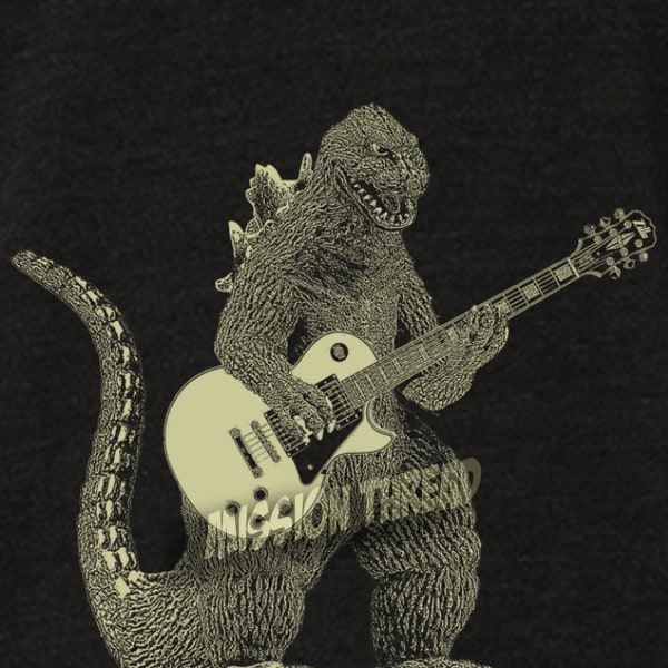 Godzilla Playing Guitar Shirt, Men's Guitar Tshirt, Dinosaur Cool Tee, Vintage Electric Rock Roll Apparel For Men