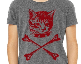 Kids Cat crossbones Shirt, Children's Animal Print Tshirt, Kitten Graphic Screenprint, Fast Free Shipping