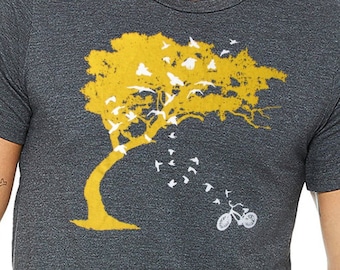 Mens birds bicycle and tree Bella Canvas heather black t shirt gray- available in s,m, l, xl, xxl-WorldWide shipping