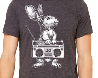 Rabbit With Vintage Boom Box Radio | Men's Music Animal Shirt | Boy's Graphic Tees