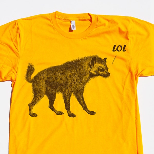 mens laughing hyena LOL- American Apparel gold- available in S, M, L , XL, XXL WorldWide Shipping