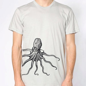 Mens Octopus wearing glasses american apparel silver t shirt, available in S,M, L ,XL, XXL WorldWide shipping image 1