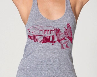 womens chicken with trailer tank top American Apparelor Bella Canvas athletic gray- available in S, M, L , XL WorldWide Shipping