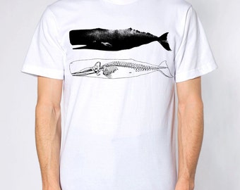 mens whale and skeleton shirt- American Apparel white- available in s, m, l, xl, xxl -WorldWide Shipping