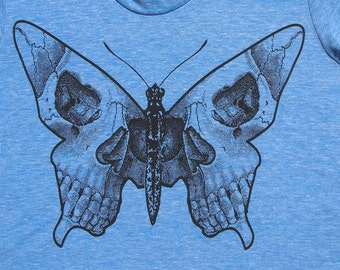 Womens butterfly skull shirt- American Apparel heather blue- available in S, M, L , XL WorldWide Shipping