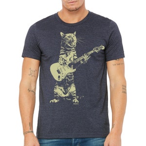 Cat playing guitar shirt mens cat playing guitar tshirt music tee mens graphic t shirts Heather Navy