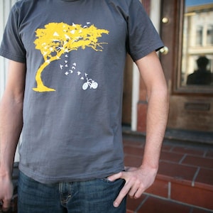 Mens birds bicycle and tree t shirt- american apparel asphalt gray- available in S, M, L and XL, XXL- Worldwide Shipping