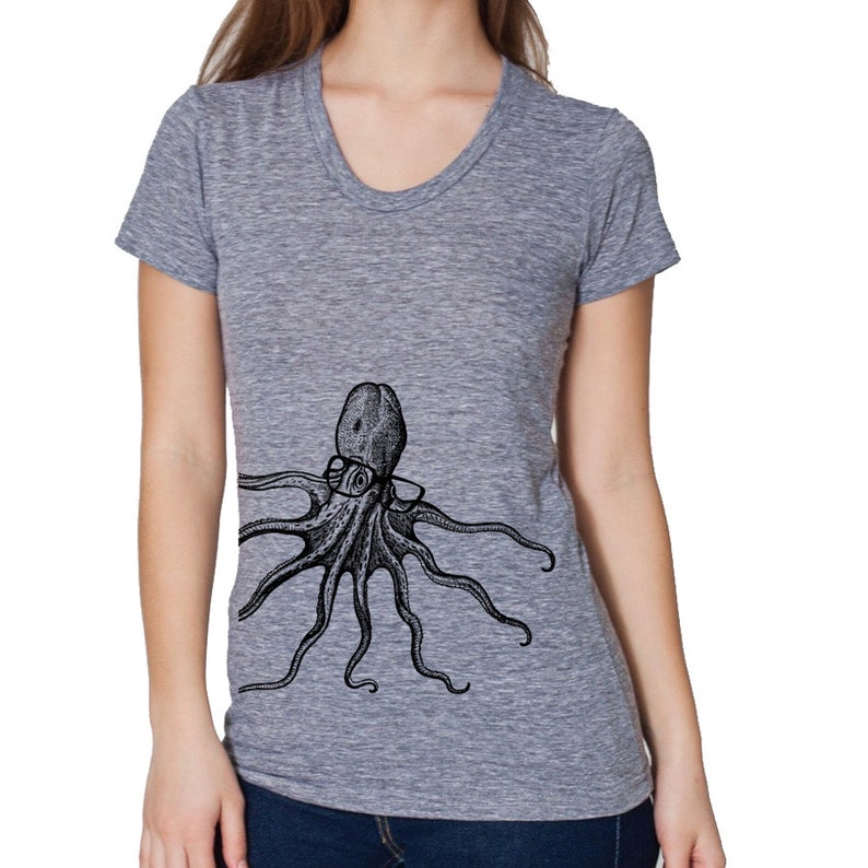 Womens Octopus wearing glasses tshirt american apparel heather gray available in S, M, L , XL WorldWide Shipping image 2