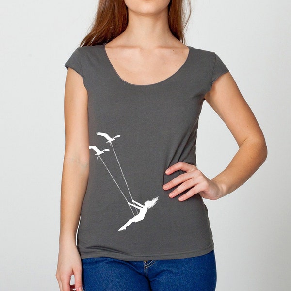 Womens flying bird swing on American Apparel asphalt gray wide neck shirt, capped sleeves, , available in S, M, L, XL- Worldwide Shipping