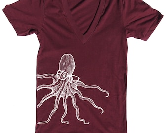 Octopus wearing glasses- Womens Deep V Neck, Bella Canvas truffle t shirt, XXS -L  WorldWide Shipping