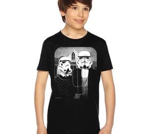 Star Wars American Gothic on boys kids childrens t shirt- american apparel slate,  2, 4, 6, 8, 10,12 year old sizes -WorldWide Shipping