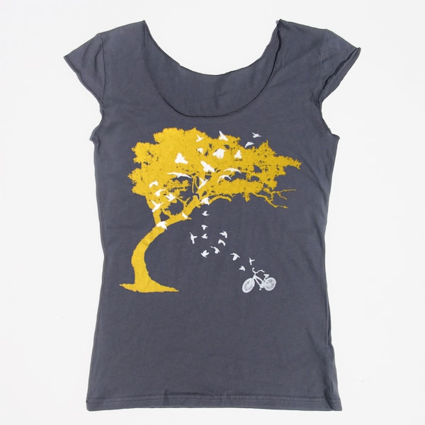 Birds, Bicycle & Tree T-Shirt - Women's Asphalt Gray Boat Neck