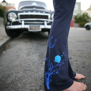 women's Yoga Pants, stretch cotton with songbird available in S, M, L, XL, XXL Navy and Black-Custom length WorldWide Shipping image 1