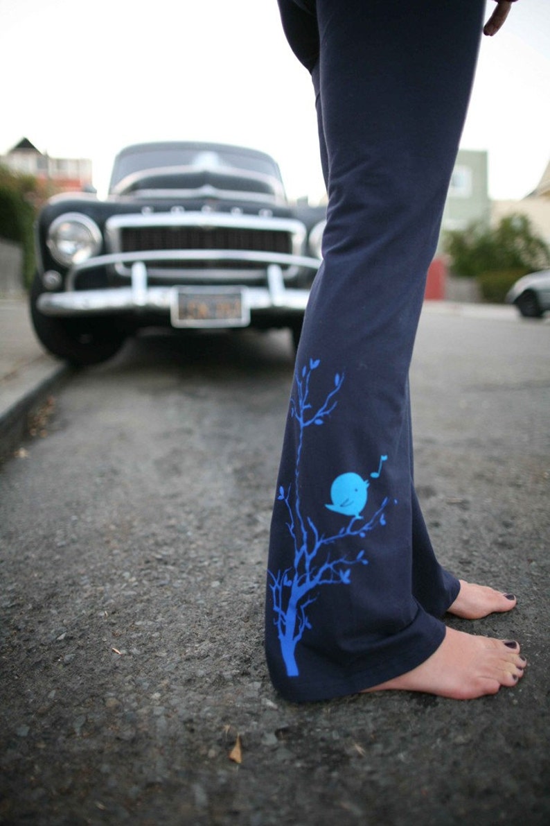 women's Yoga Pants, stretch cotton with songbird available in S, M, L, XL, XXL Navy and Black-Custom length WorldWide Shipping image 1