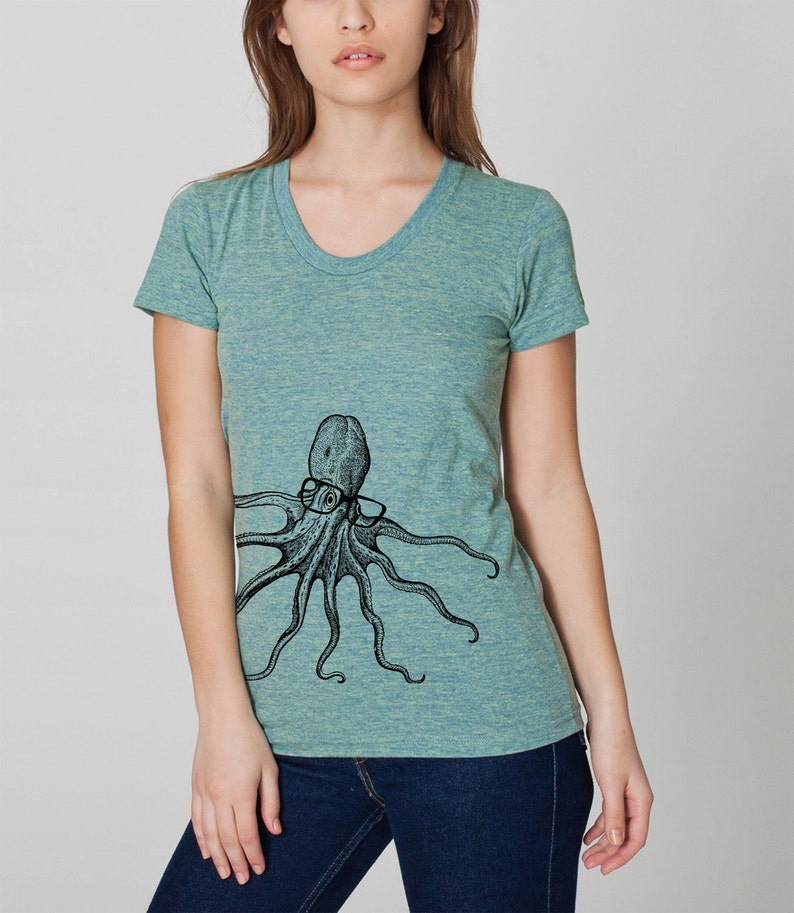 Womens Octopus wearing glasses on american apparel lemon track t shirt available in S, M, L , XL WorldWide Shipping image 2