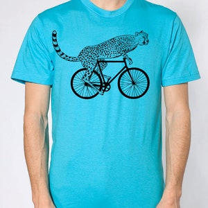 mens cheetah on a bike t shirt American Apparel turquoise, available in S, M, L, XL, XXL WorldWide Shipping image 2