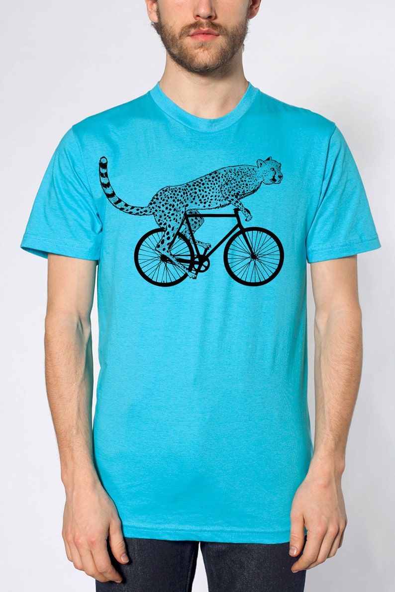 mens cheetah on a bike t shirt American Apparel turquoise, available in S, M, L, XL, XXL WorldWide Shipping image 2