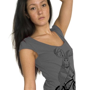 womens jackalope on a bike American Apparel asphalt gray boat neck available in S,M, L, XL Worldwide Shipping image 3