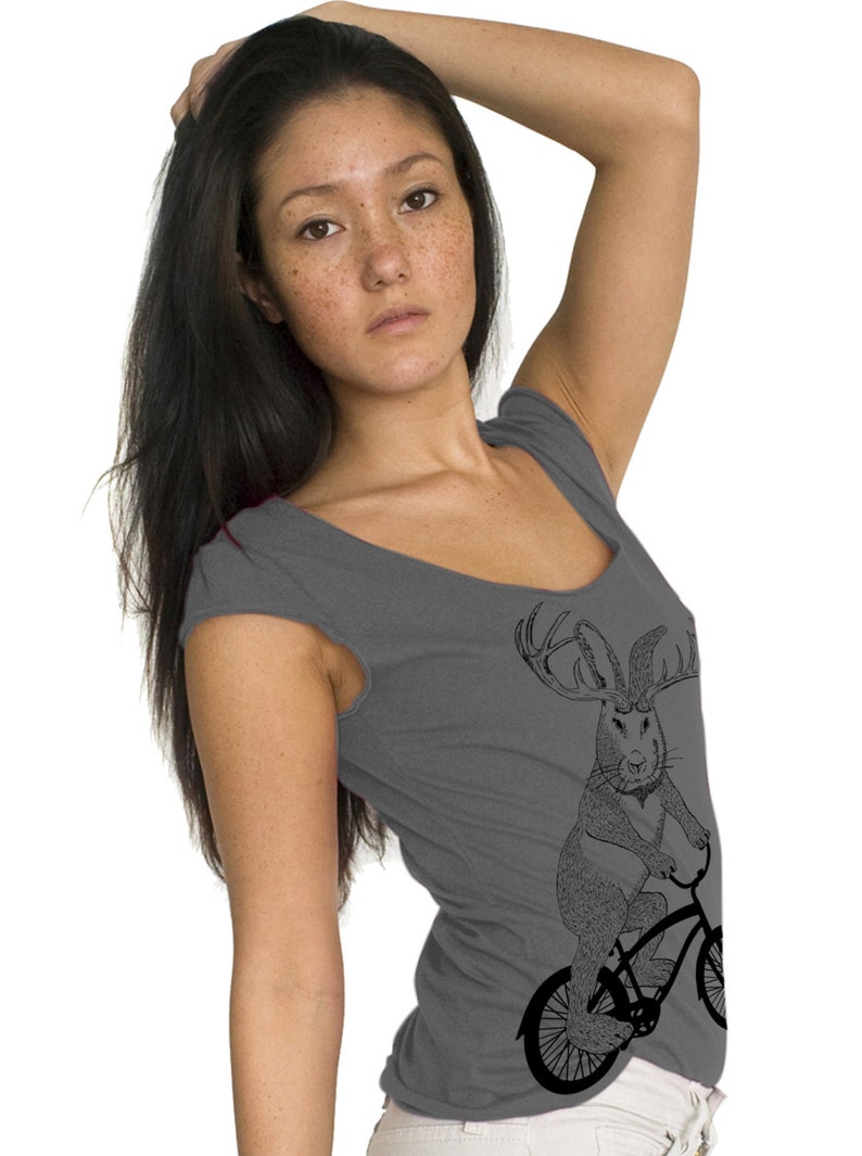 womens jackalope on a bike American Apparel asphalt gray boat neck available in S,M, L, XL Worldwide Shipping image 3