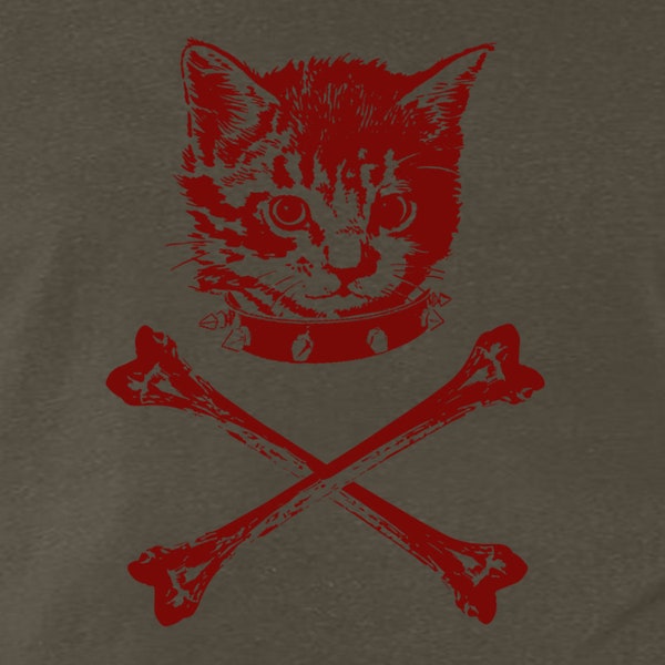 mens kitten crossbones shirt- American Apparel or Bella Canvas army- available in S,M,L,XL,XXL- Wordwide Shipping