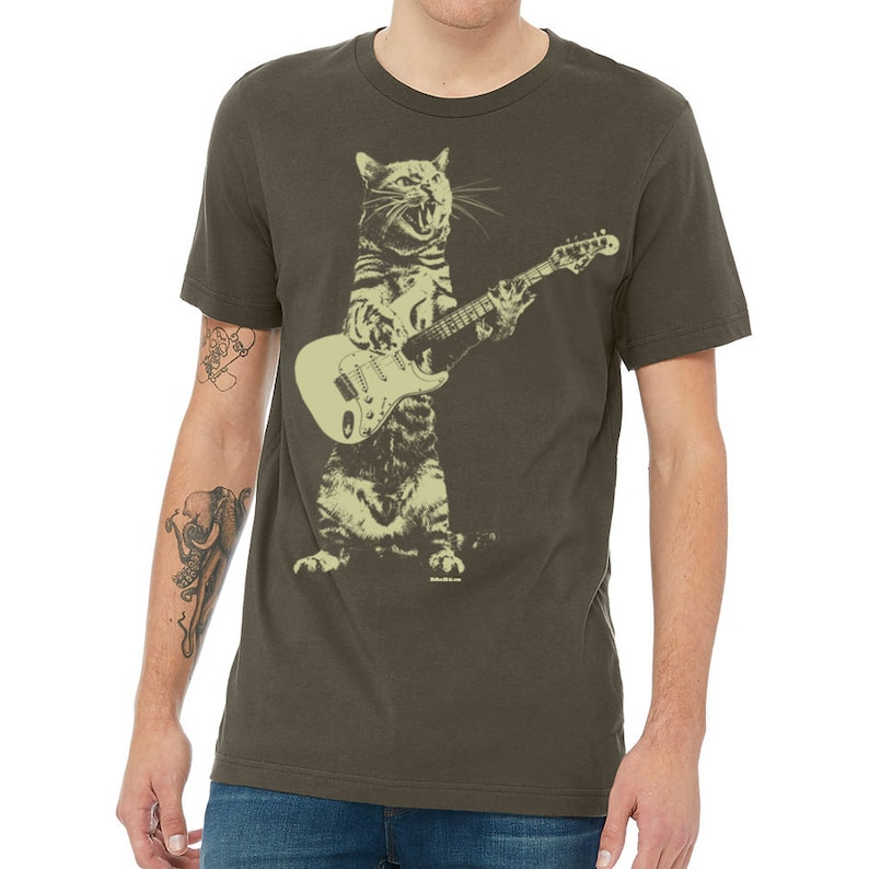 Cat playing guitar shirt mens cat playing guitar tshirt music tee mens graphic t shirts Army