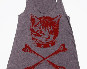 womens kitten crossbones racerback tank top- American Apparel tri blend coffee- available in XS, S, M, L  WorldWide Shipping