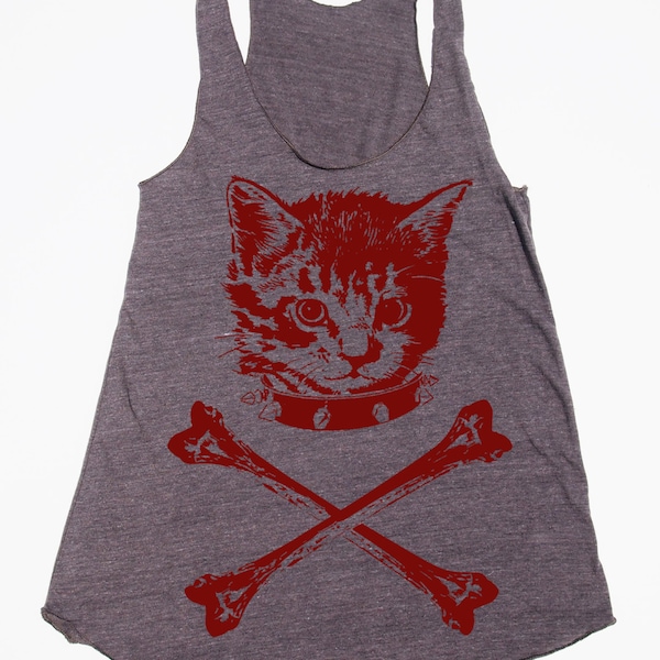 womens kitten crossbones racerback tank top- American Apparel tri blend coffee- available in XS, S, M, L  WorldWide Shipping